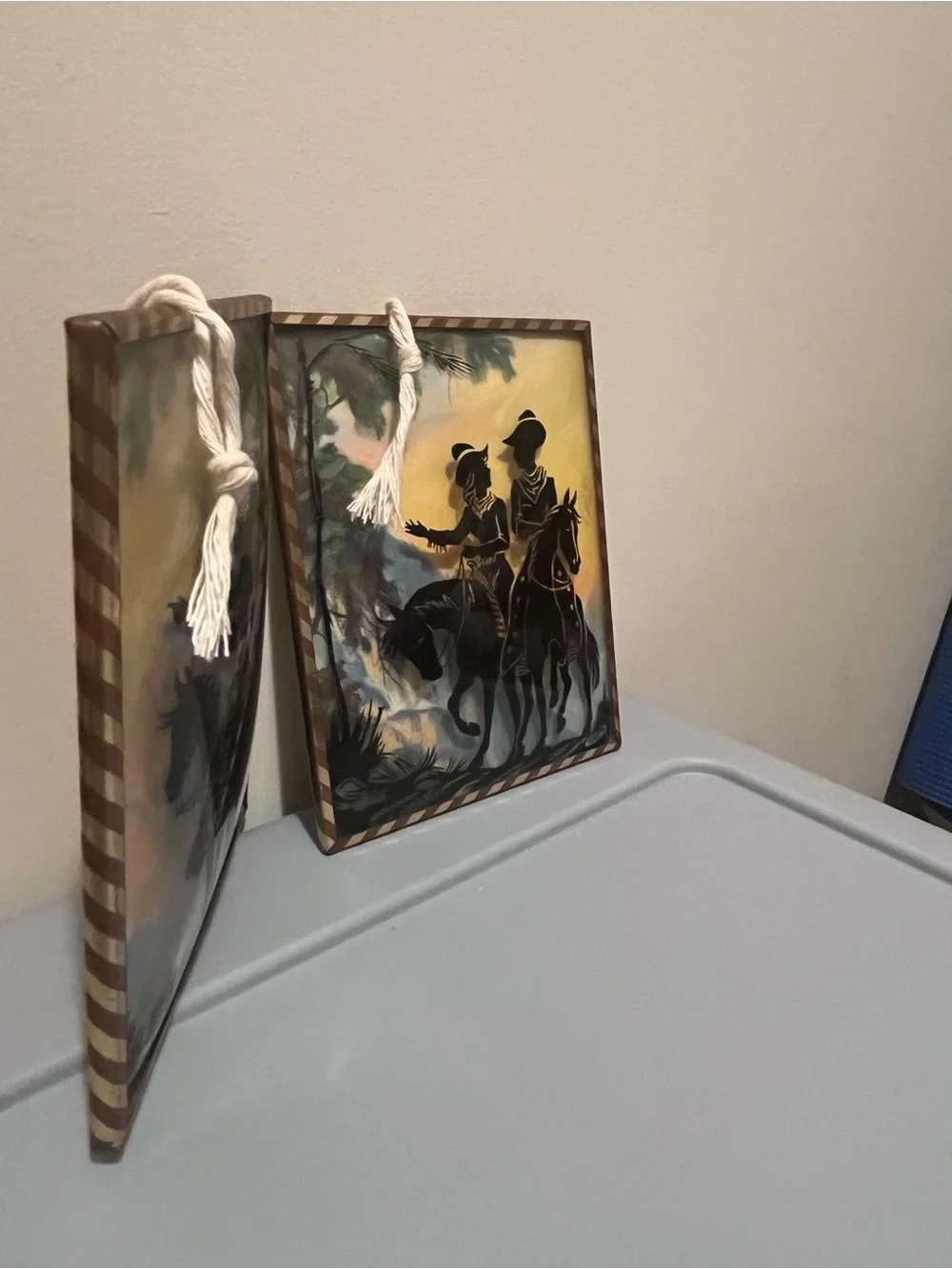 Set of 2 Vintage Hanging Picture Frames Western Cowboy Silhouette 4x5 Portrait
